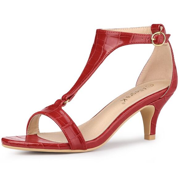 Women's T Strap Embossed Kitten Heel Sandals Red - Picture 1 of 6